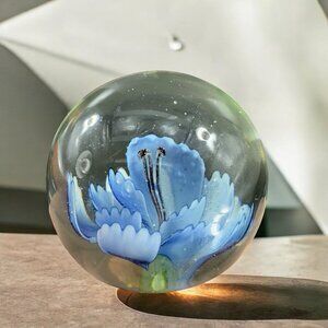 Vintage 1980s Glass Paperweight Orb Blue Flower And Leafs Glass Figurine Decor